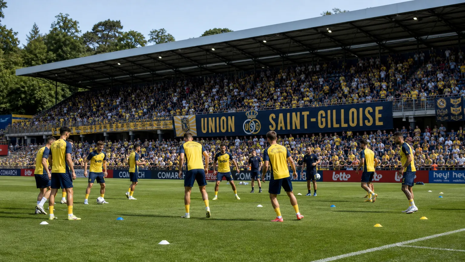 Brede blik op de spelersgroep van Union tijdens een wedstrijddag in het Dudenpark