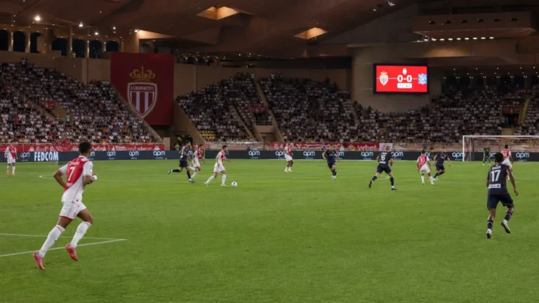 Brede wedstrijdscène met spelers van AS Monaco in het eigen stadion