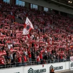 Supporters van Royal Antwerp FC in rood-witte clubkleuren op de Bosuil