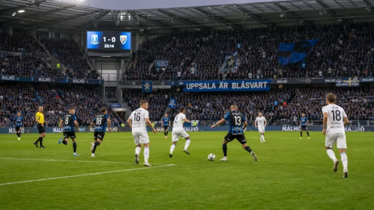 Spelers van IK Sirius tijdens een wedstrijd in een Zweeds stadion