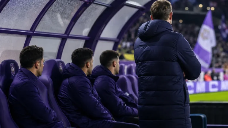 Sfeerbeeld van transferdruk rond de spelersbank bij RSC Anderlecht zonder herkenbare gezichten