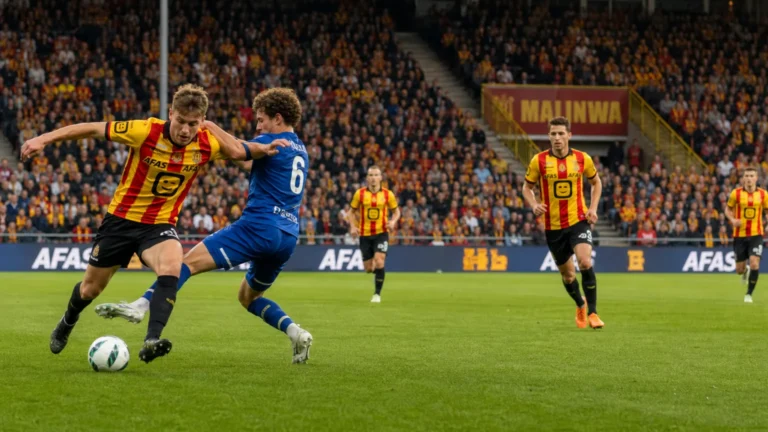 Brede wedstrijdactie van KV Mechelen met niet-herkenbare spelers in het thuisstadion