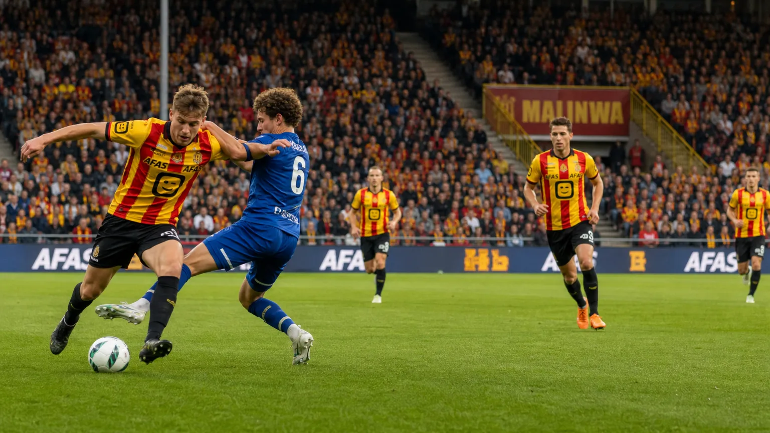 Brede wedstrijdactie van KV Mechelen met niet-herkenbare spelers in het thuisstadion