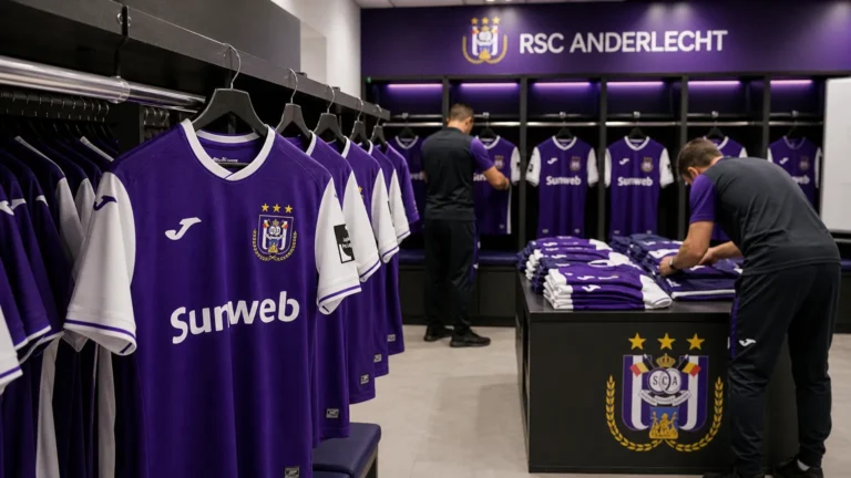 Materiaalmedewerkers rangschikken Anderlecht-tenues in een kleedkamer
