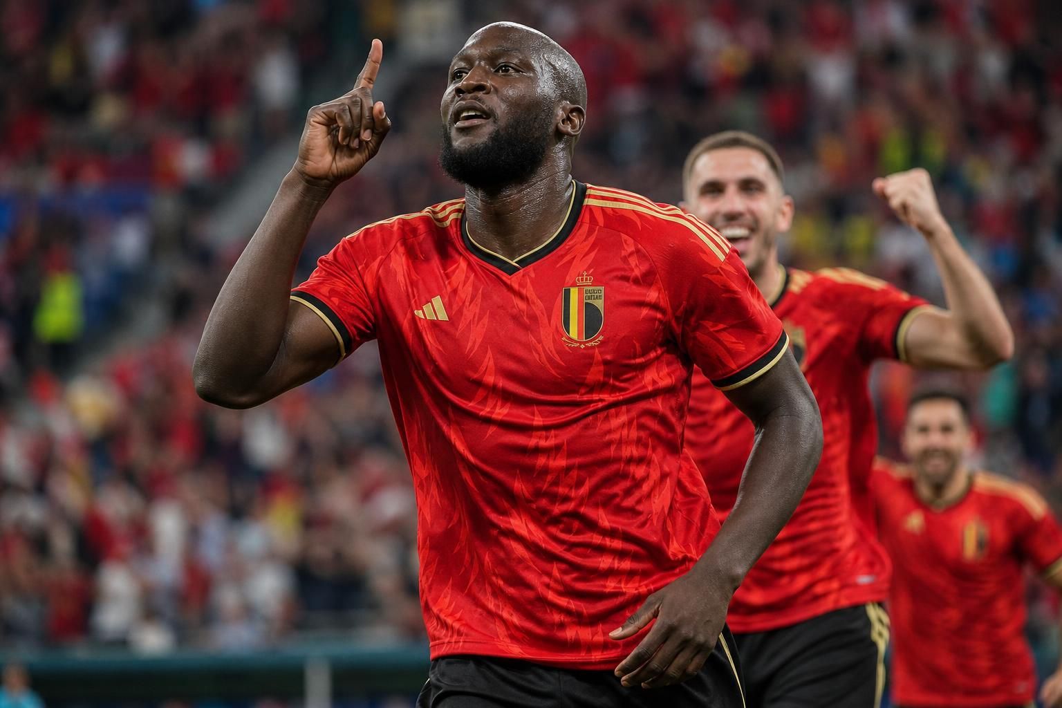 Romelu Lukaku viert een doelpunt voor de Rode Duivels op het WK 2026