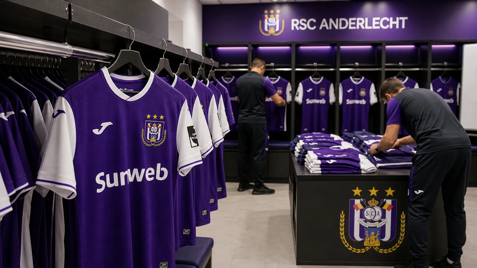 Materiaalmedewerkers rangschikken Anderlecht-tenues in een kleedkamer