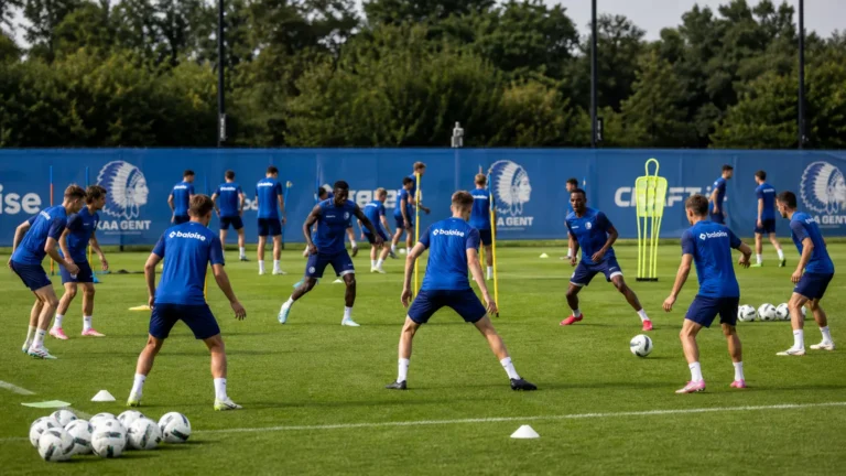 Brede opname van de trainingsgroep van KAA Gent op het oefenveld.