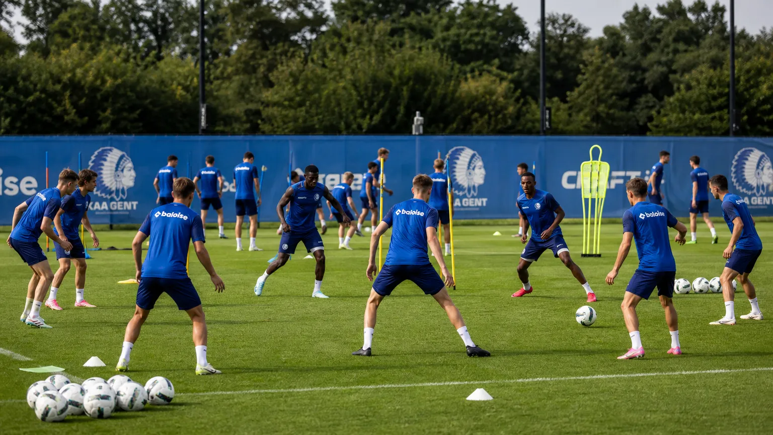 Brede opname van de trainingsgroep van KAA Gent op het oefenveld.