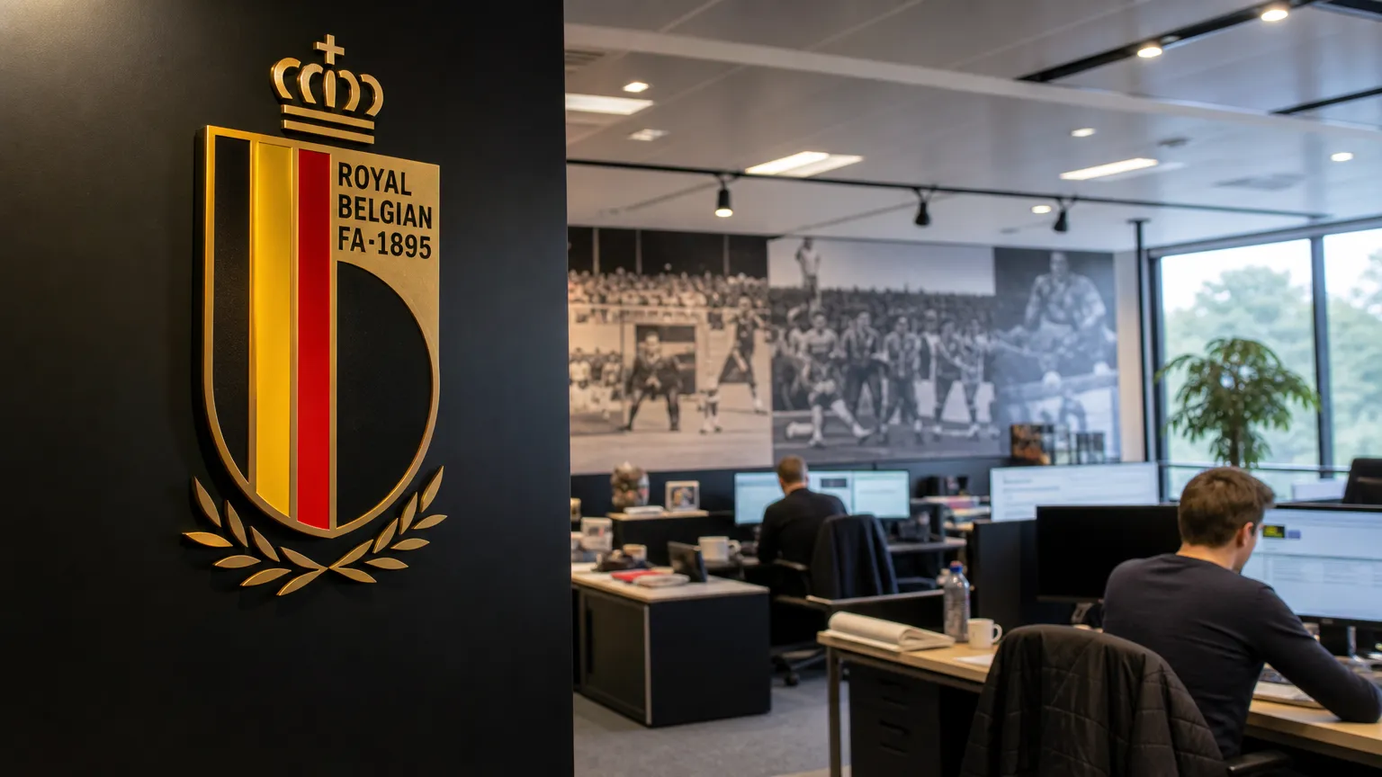 Mediawerkruimte in een kantoor van de KBVB met het bondslogo aan de muur