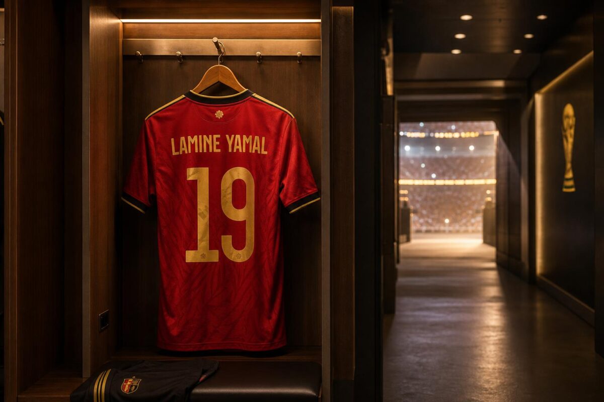 Lamine Yamal dribbelt vanaf de rechterflank tijdens WK 2026.