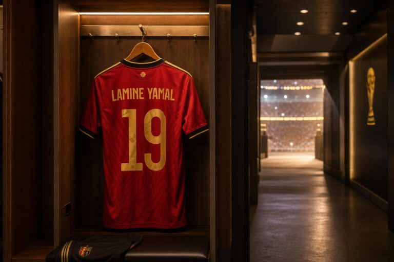 Lamine Yamal dribbelt vanaf de rechterflank tijdens WK 2026.