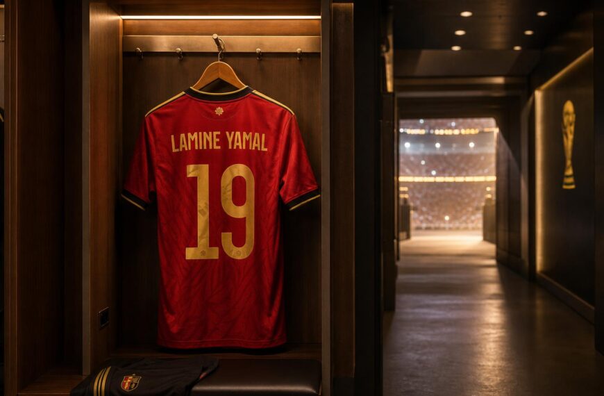Lamine Yamal dribbelt vanaf de rechterflank tijdens WK 2026.