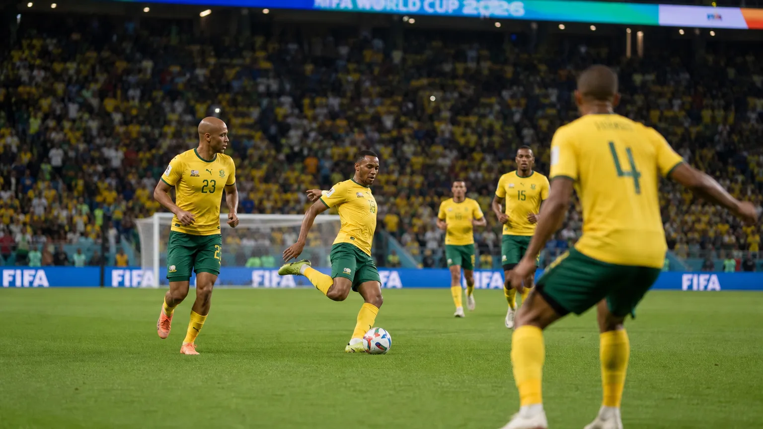 Zuid-Afrikaanse spelers verspreid over het veld tijdens een WK-wedstrijd