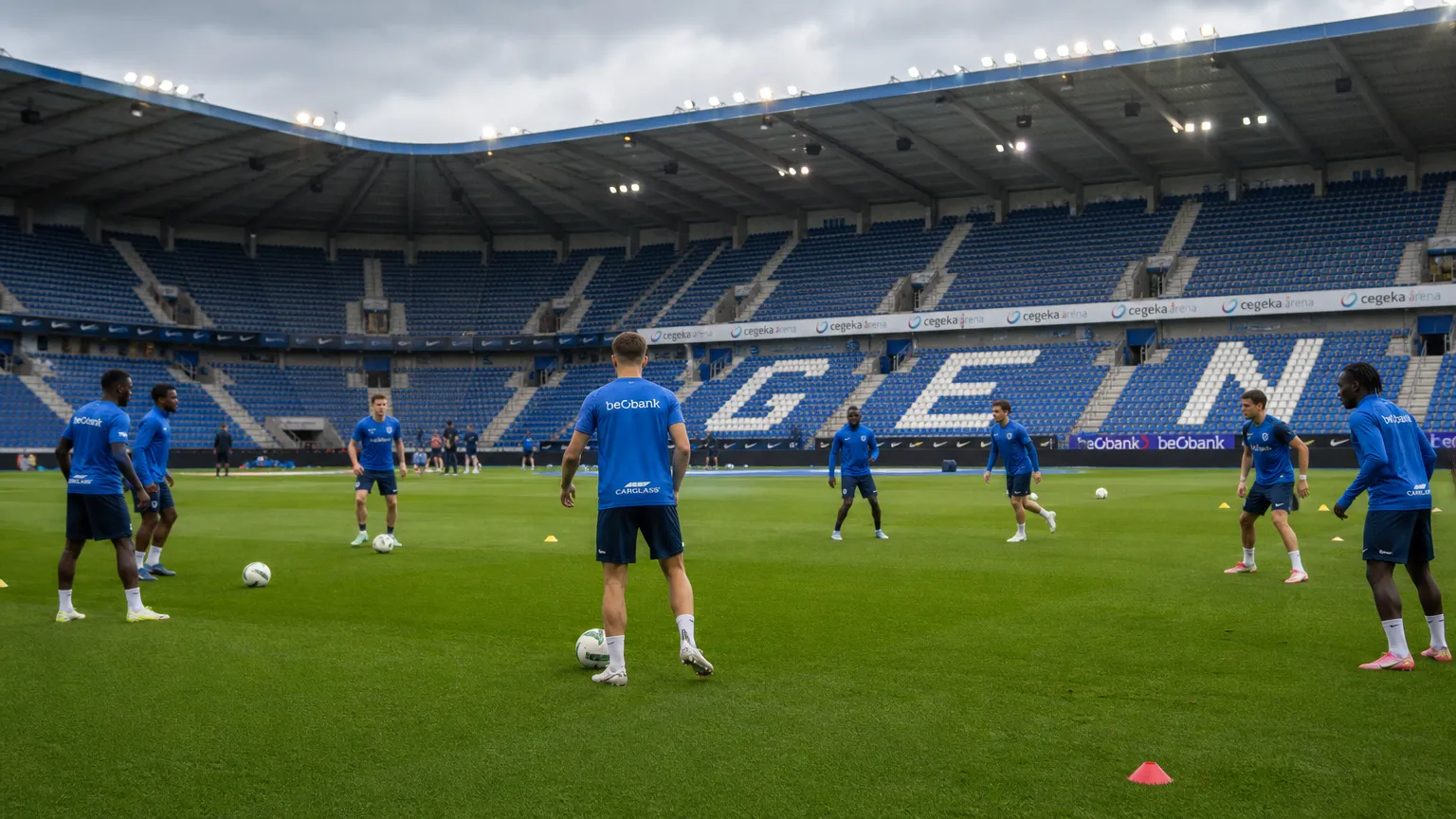 Niet-herkenbare spelers van KRC Genk warmen op in de Cegeka Arena.