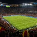 Breed beeld van een gevuld WK-stadion tijdens een wedstrijd, met supporters op de tribunes.