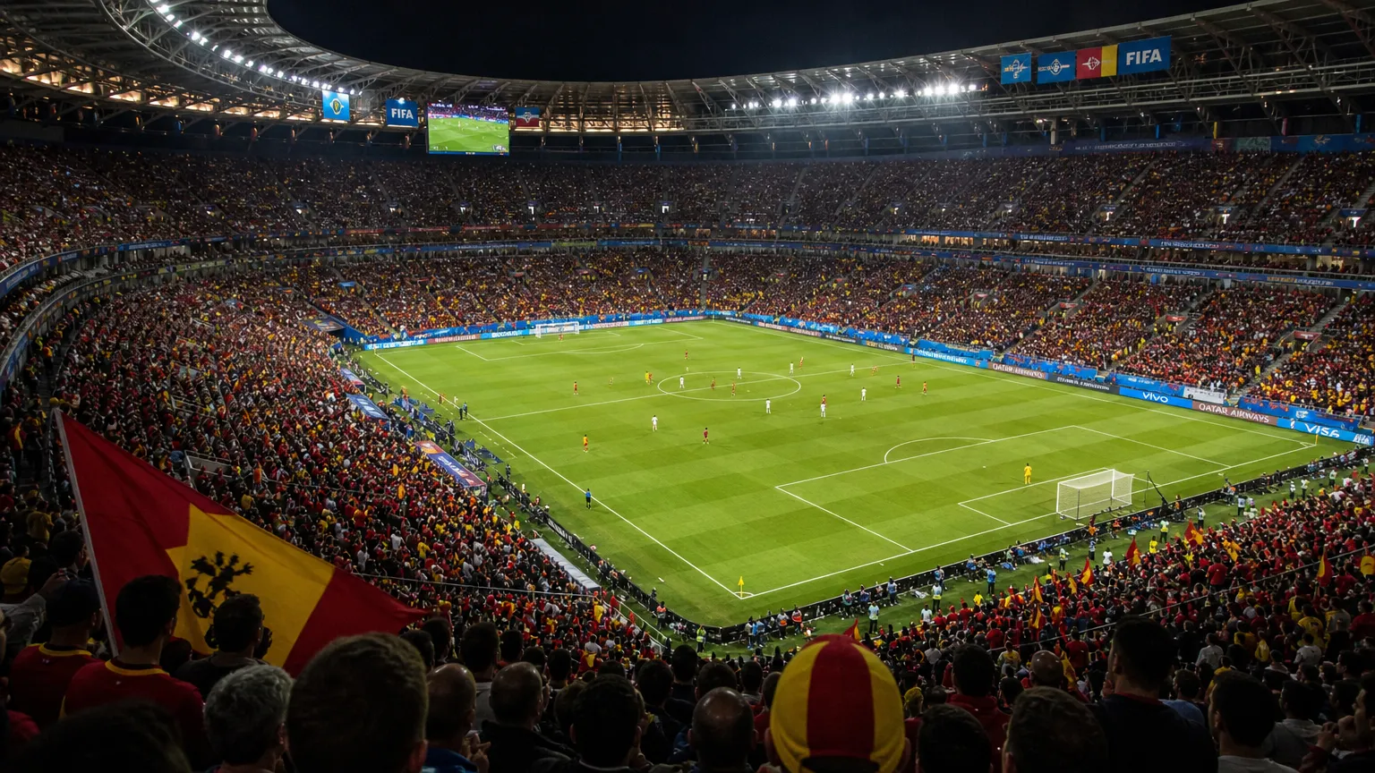 Breed beeld van een gevuld WK-stadion tijdens een wedstrijd, met supporters op de tribunes.