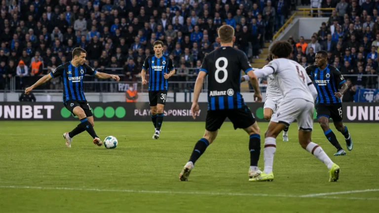 Brede wedstrijdscène met Club Brugge-spelers op het veld.