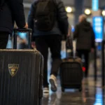 Gespannen transferbeeld rond Lecce met reiskoffers en luchthavenlicht zonder herkenbare personen