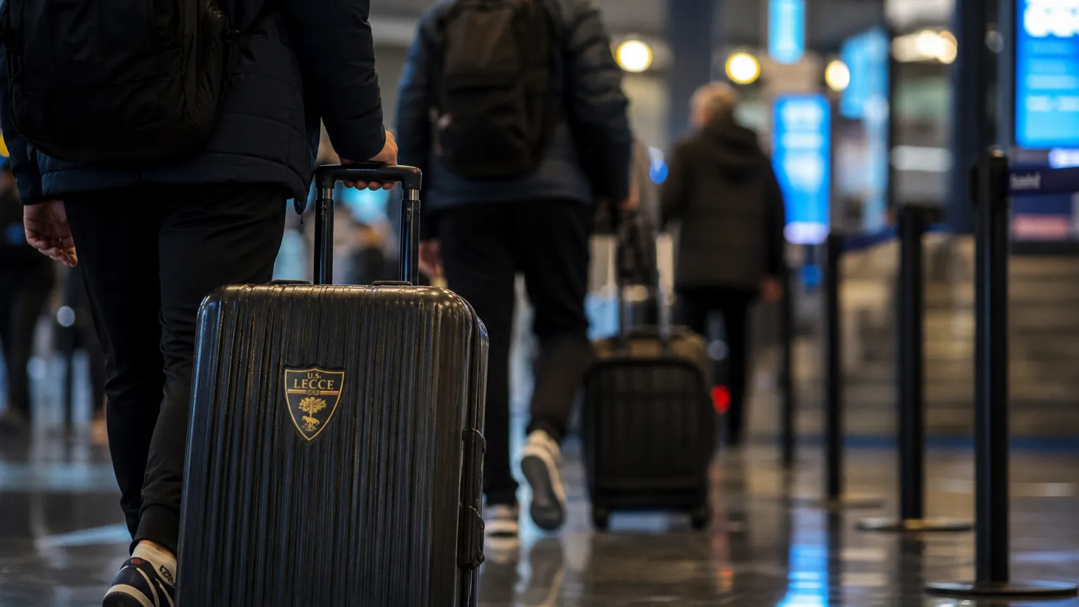 Gespannen transferbeeld rond Lecce met reiskoffers en luchthavenlicht zonder herkenbare personen