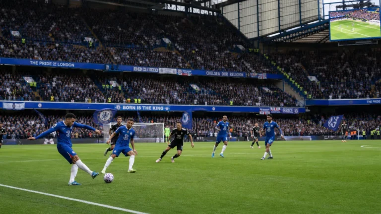 Niet-identificeerbare Chelsea-spelers in blauw tenue tijdens een wedstrijd in een gevuld stadion.
