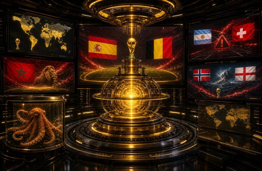 Gouden VoetbalFocus Prediction Engine met WK-projecties, Belgische accenten en Paul de Octopus in een observatiecapsule