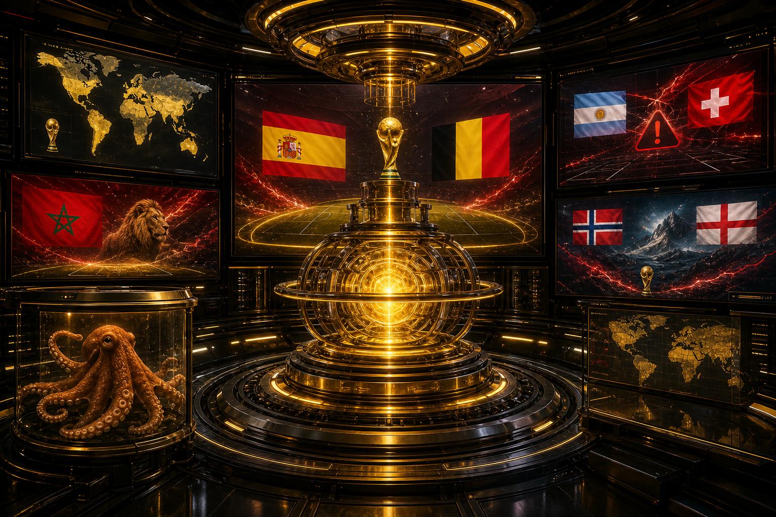 Gouden VoetbalFocus Prediction Engine met WK-projecties, Belgische accenten en Paul de Octopus in een observatiecapsule