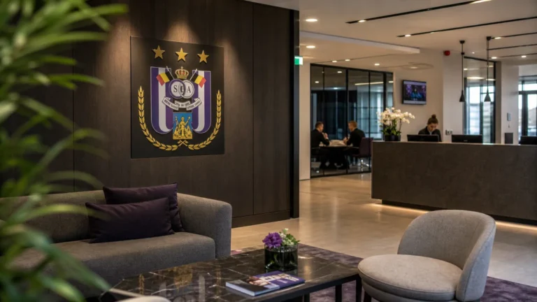Medewerkers in de ontvangsthal van een clubgebouw van Anderlecht.