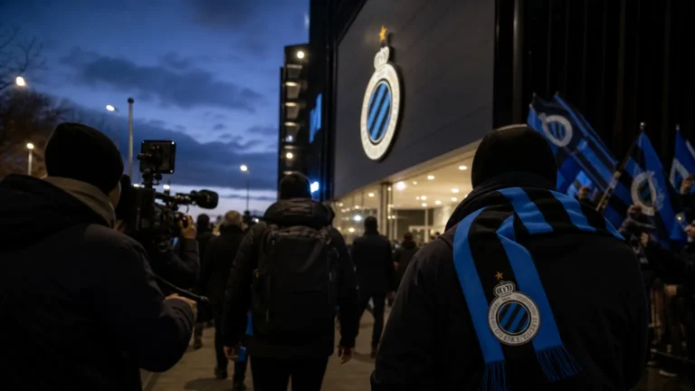 Transfercontext rond Club Brugge met blauw-zwarte stadionomgeving zonder herkenbare gezichten