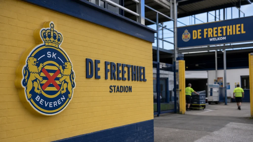 sk-beveren-milan-de-schutter-contract-2028 Medewerkers bij de ingang van de Freethiel met het logo van SK Beveren.