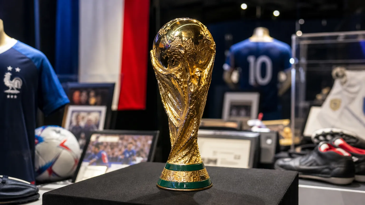 Replica van een wereldbeker in een veilingcontext zonder herkenbare personen