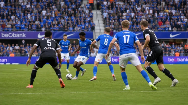 Niet-herkenbare KRC Genk-spelers in actie tijdens een wedstrijd.