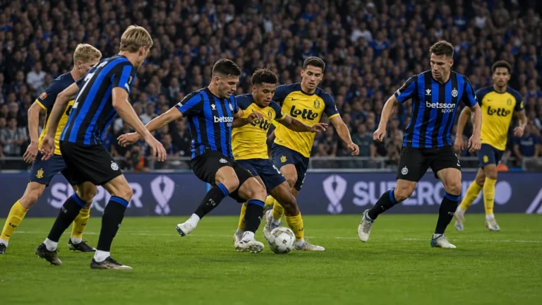 Brede wedstrijdscène van Club Brugge in het Jan Breydelstadion.