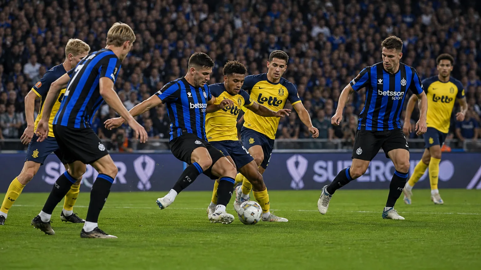 Brede wedstrijdscène van Club Brugge in het Jan Breydelstadion.