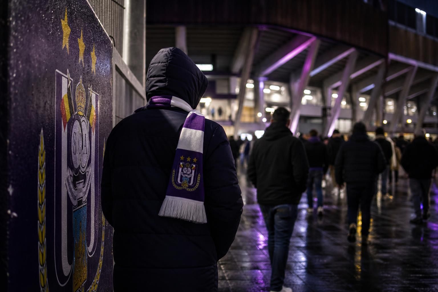 Transfercontext rond RSC Anderlecht met paars-witte sfeer aan een stadionomgeving.