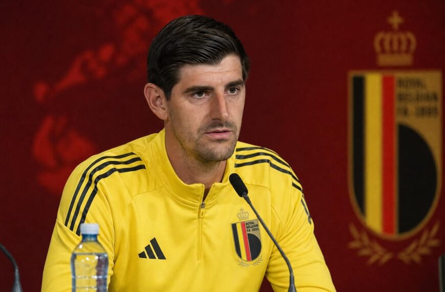 Thibaut Courtois spreekt als doelman van België voor de WK-clash tegen Spanje