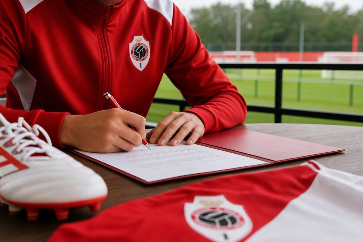 Sfeerbeeld van een jonge Antwerp-speler in contractcontext op het trainingscomplex