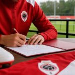 Sfeerbeeld van een jonge Antwerp-speler in contractcontext op het trainingscomplex