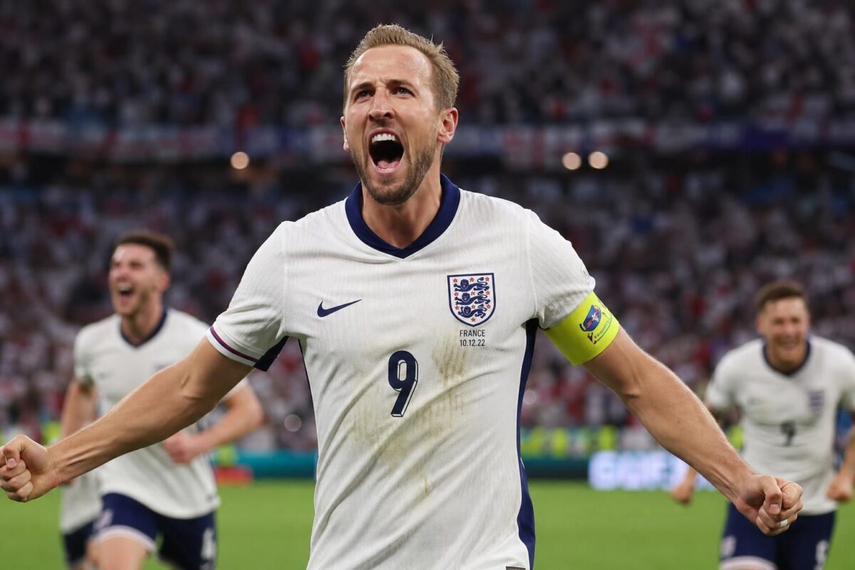 Harry Kane viert een belangrijk doelpunt voor Engeland tijdens een WK-wedstrijd.