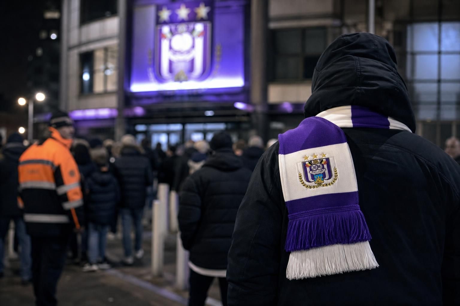 Transfercontext rond Anderlecht met paarse en witte clubkleuren aan een stadionomgeving