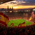 Spaanse voetbalsupporters met rood-gele vlaggen in een stadion