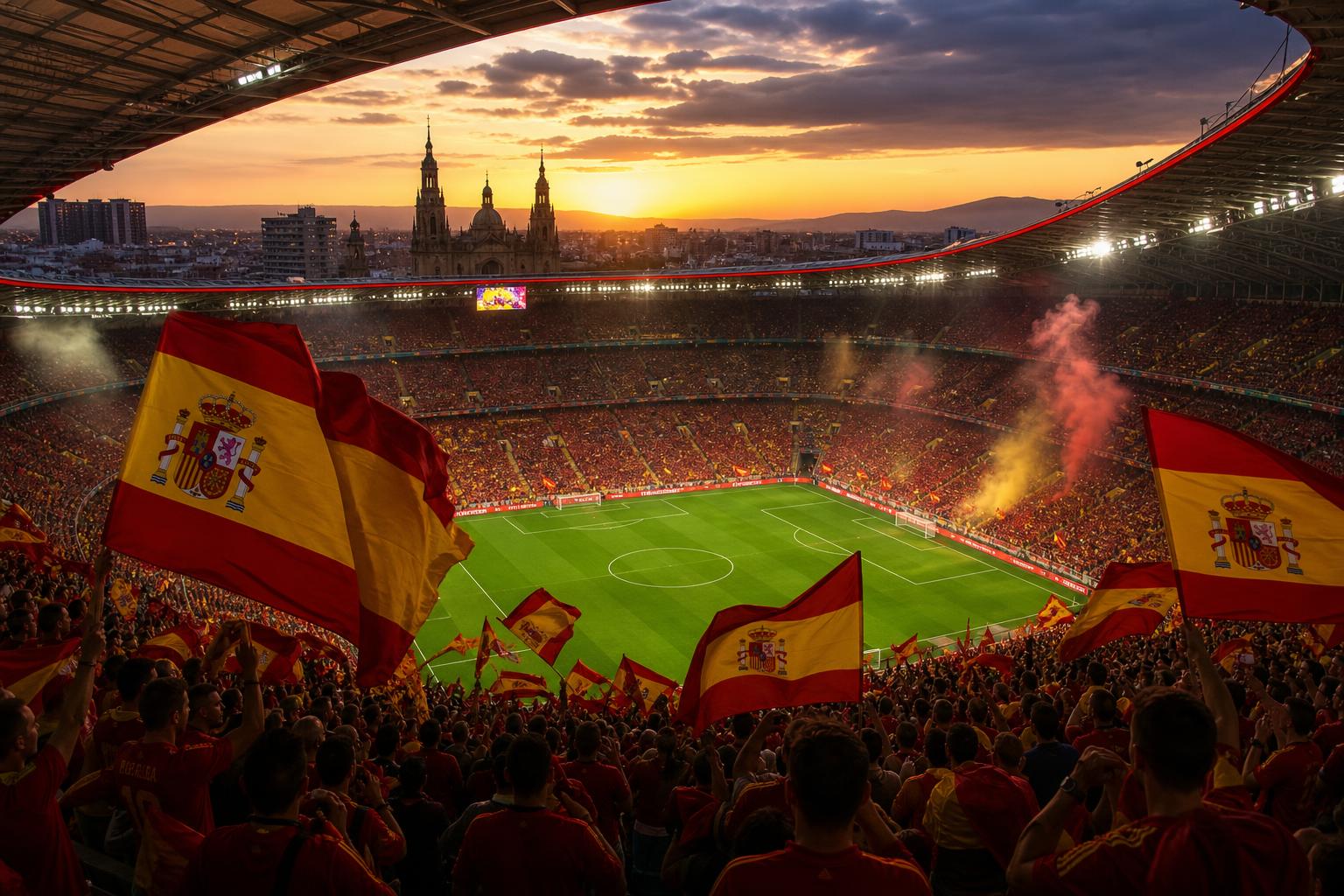 Spaanse voetbalsupporters met rood-gele vlaggen in een stadion