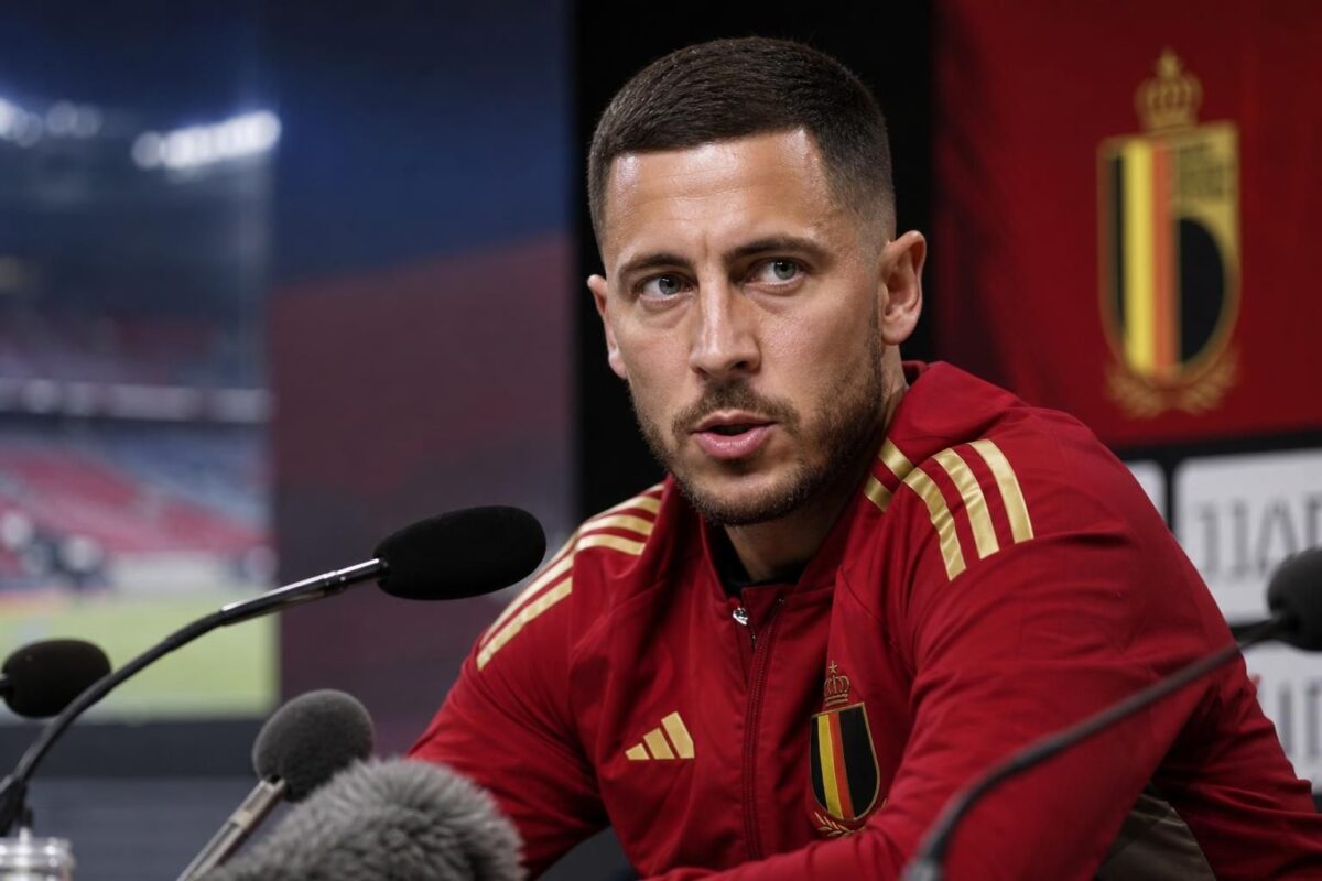 Eden Hazard tijdens een persmoment in de context van de Rode Duivels en het WK.