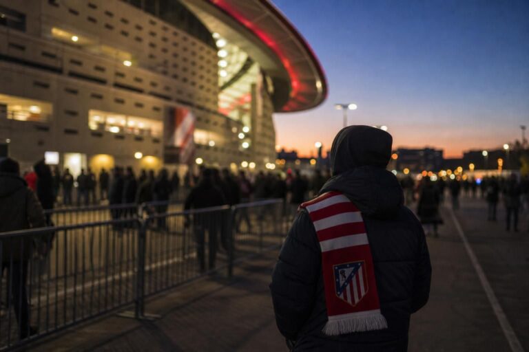 Transferachtige sfeer rond het stadion van Atlético Madrid zonder herkenbare personen.