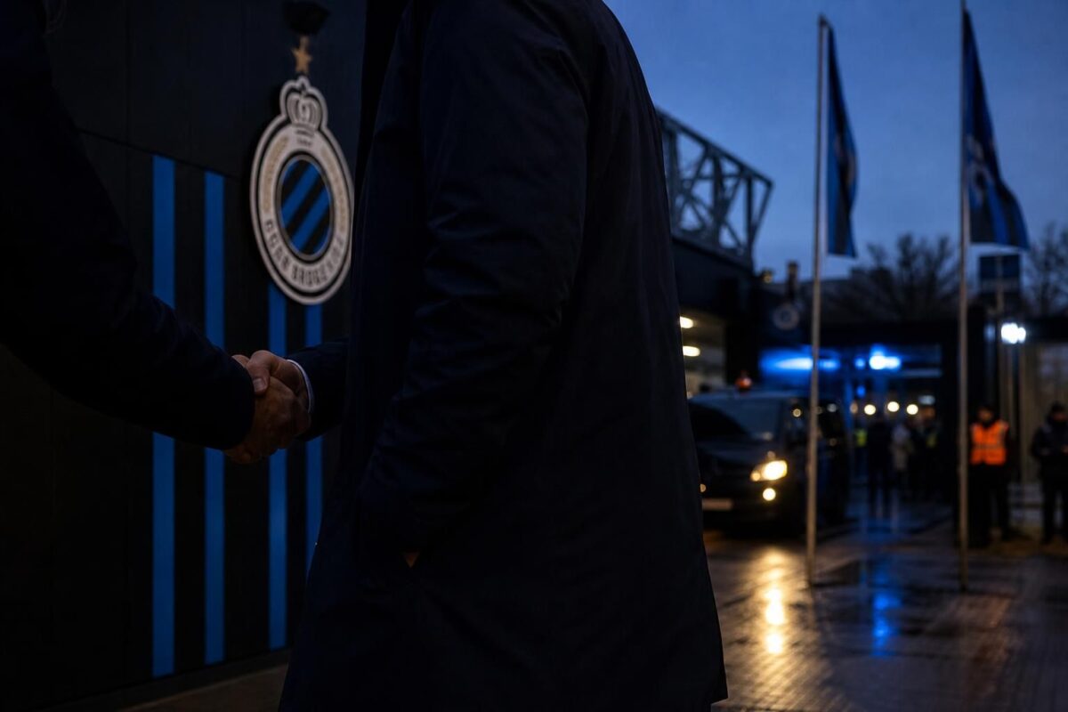Transfercontext rond Club Brugge met stadionomgeving en gespannen voetbalsfeer