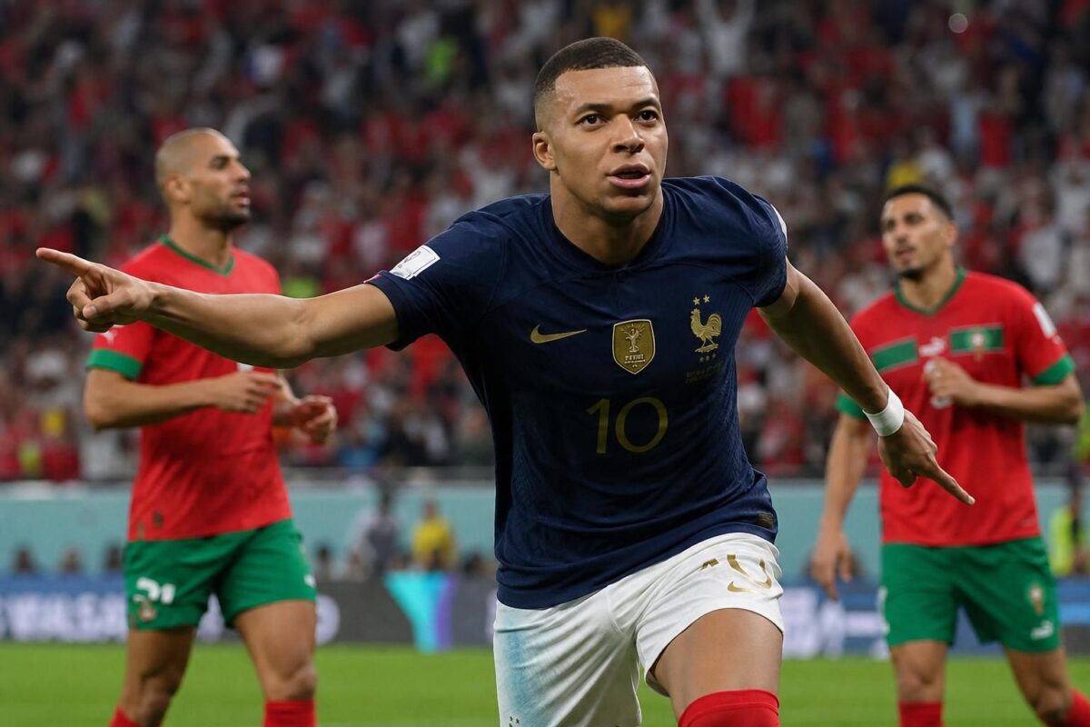 Kylian Mbappé in actie voor Frankrijk tijdens de WK-kwartfinale tegen Marokko
