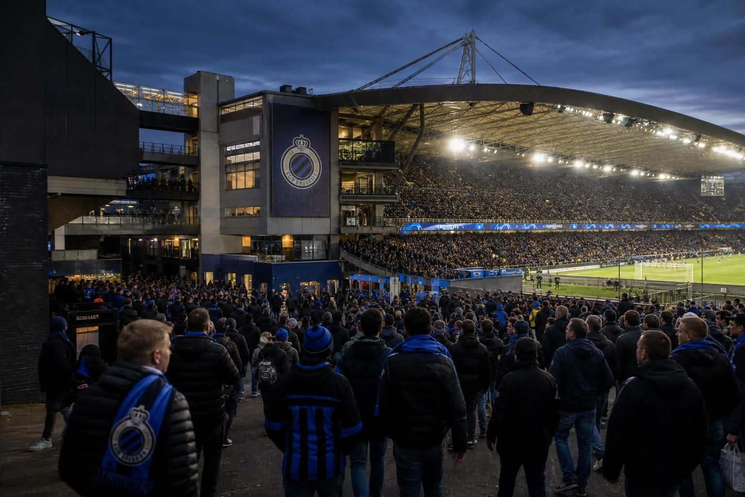 Stadionsfeer rond Club Brugge met blauw-zwarte supporterscontext