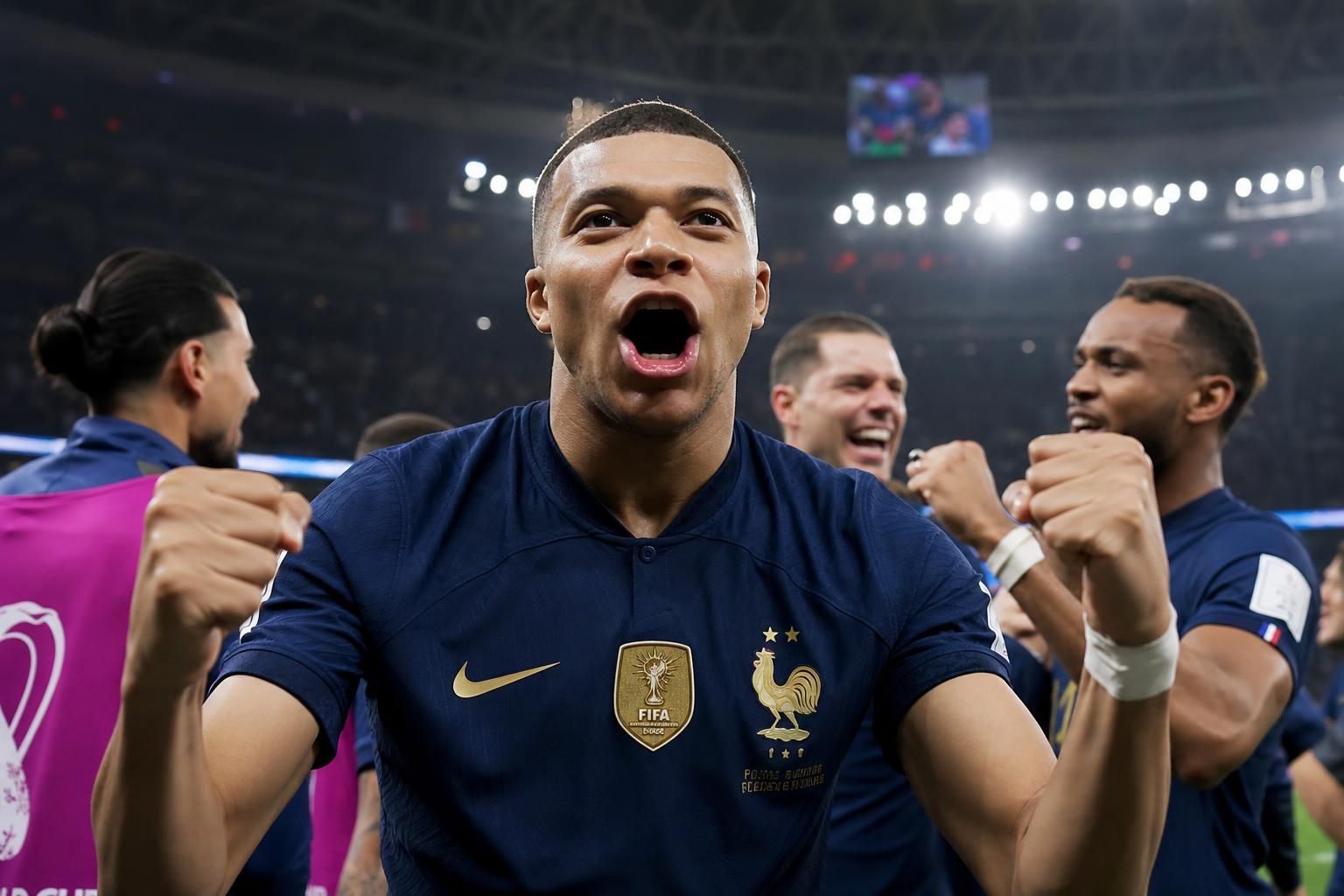 Kylian Mbappé viert een beslissend moment met Frankrijk tijdens het WK.