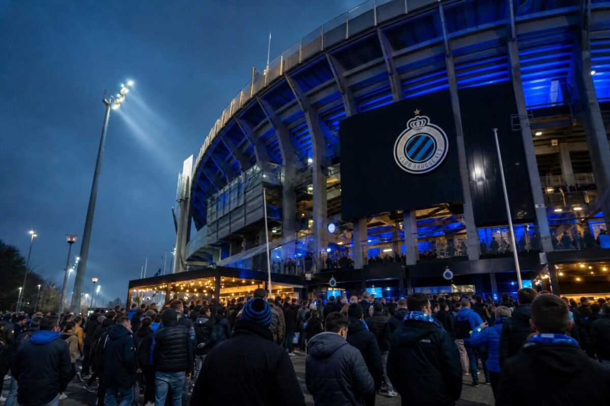 Supporters van Club Brugge in een stadionomgeving als symbool voor de financiële impact van een nieuw stadion.