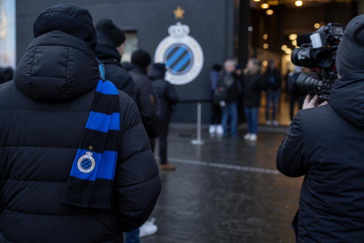 Gespannen transfercontext rond Club Brugge met perscamera's en blauw-zwarte clubdetails