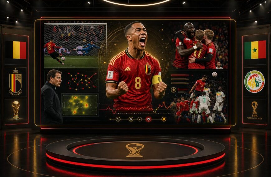 Youri Tielemans viert de beslissende strafschop voor België tegen Senegal op het WK 2026